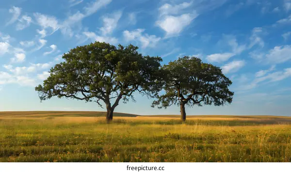 Two big trees stand in the middle of a grass field on a sunny day