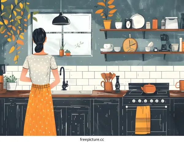 A woman standing in a kitchen, looking out the window.