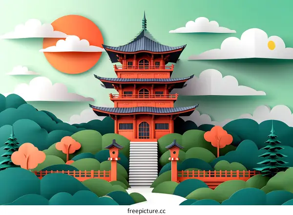 Japanese Pagoda in Paper Art Style