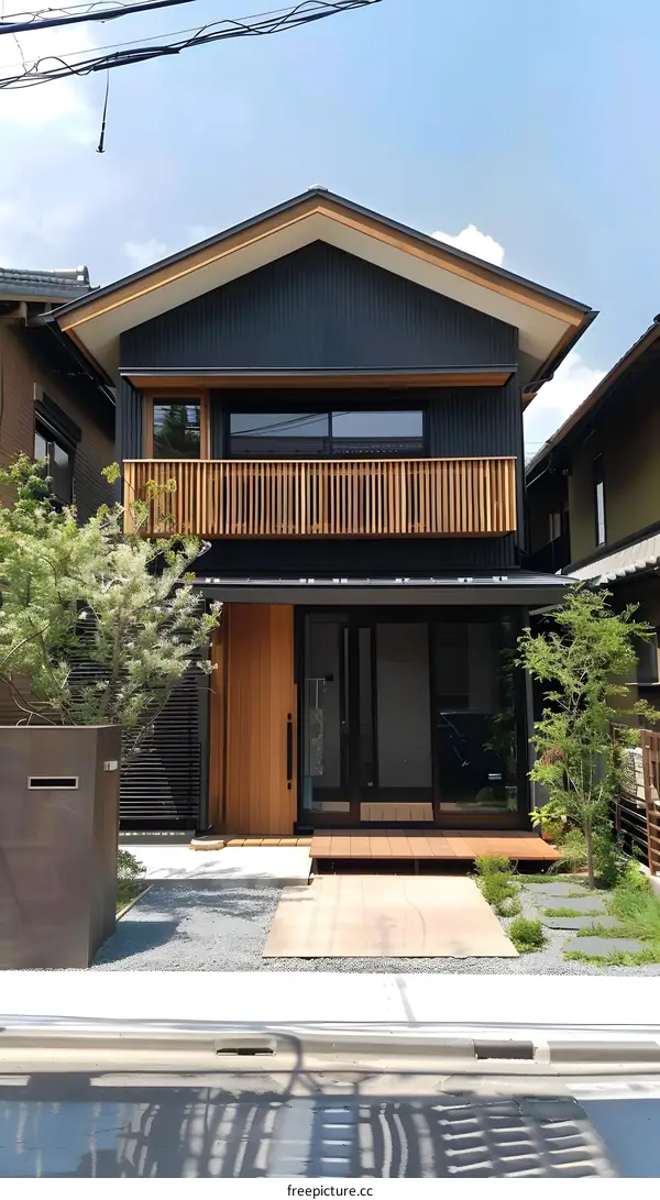 Modern Japanese House with Wooden Balcony and Black Siding
