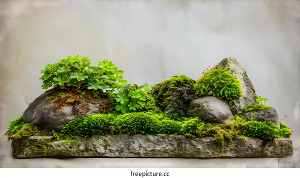 Green Moss And Rocks  In A Garden