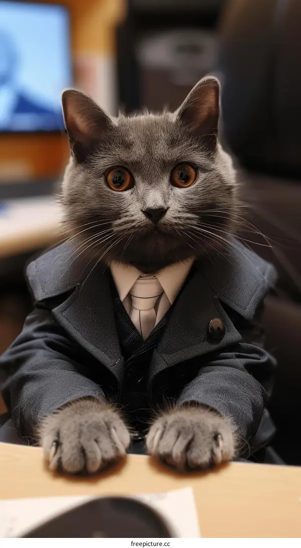 Gray Cat in Suit and Tie Sitting at a Desk