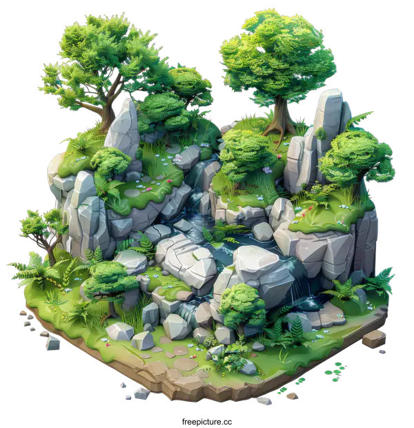 [Transparent Background PNG]Isometric Fantasy Island Waterfall
