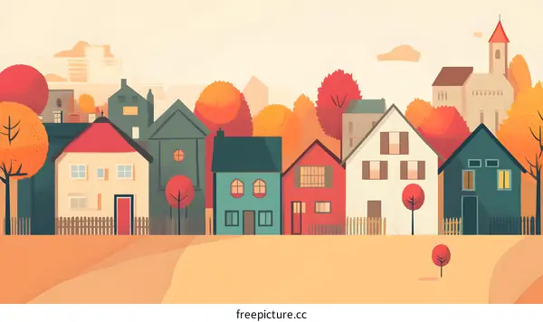 Autumn Village Landscape Illustration With Houses And Trees