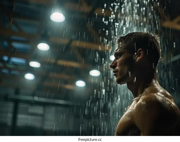 A muscular man standing in the rain with his head looking down