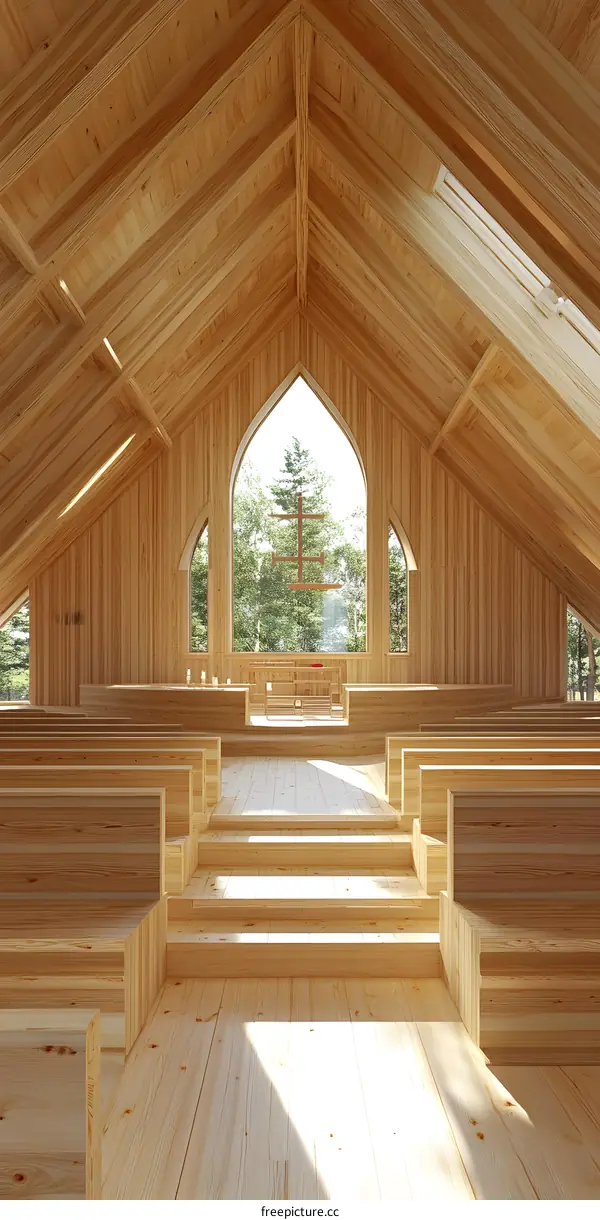 Wooden Church Interior with Large Windows
