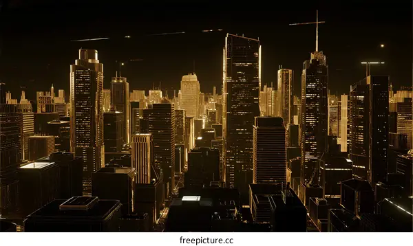 Modern Cityscape with Tall Buildings and Golden Lights at Night