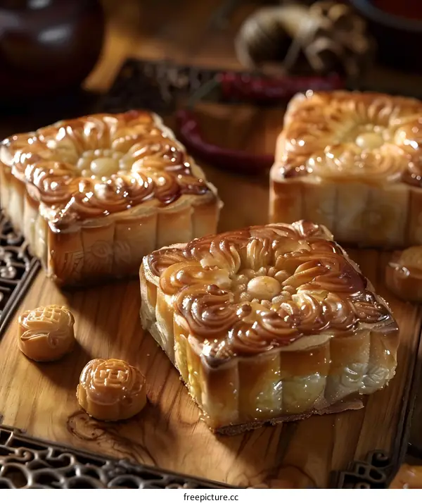 Delicious Chinese Mooncakes on Wooden Table