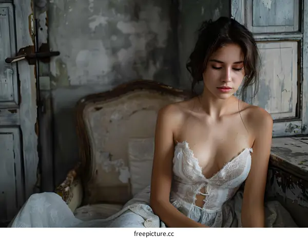 portrait of a beautiful young woman in a white dress sitting on a chair in an old room