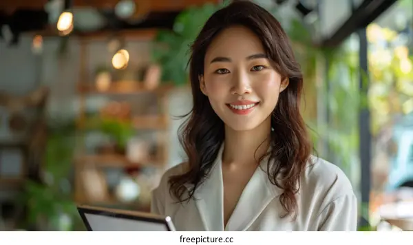 Smiling Asian Businesswoman in a Cafe