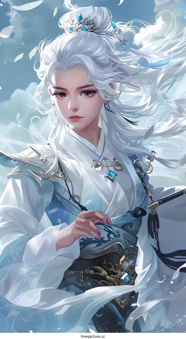 White Haired Character with Blue Eyes and Jewels