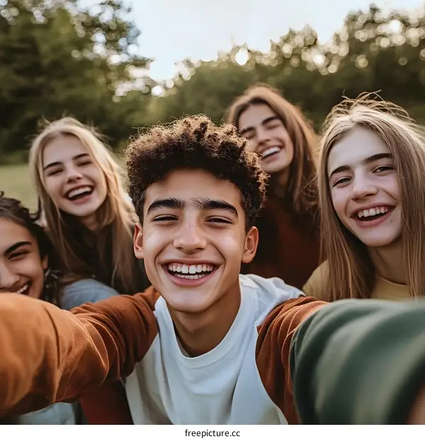 Group of Young Friends Taking a Selfie in a Park