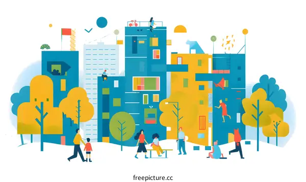Colorful Illustration of Cityscape with People
