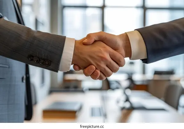 Businessmen shaking hands in agreement after successful negotiations