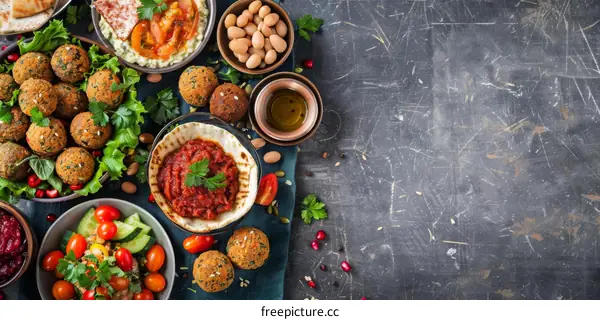 Falafel and hummus with vegetables, top view