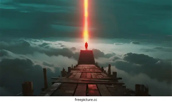 A Person Standing on a Wooden Bridge Leading to a Bright Light in Clouds