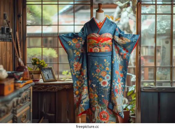 Japanese Geisha in Blue Floral Kimono