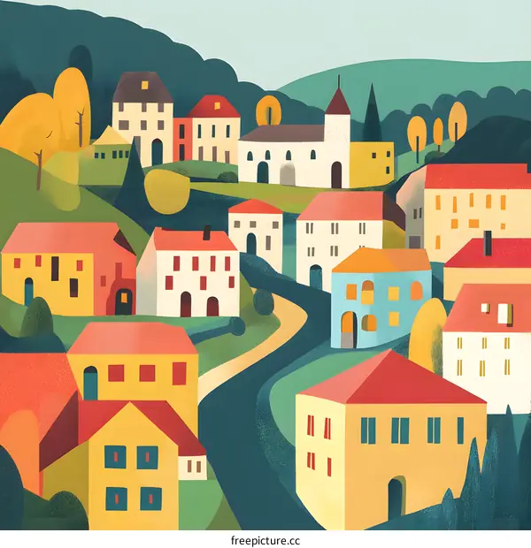 Colorful Illustration of a Village with Winding Road