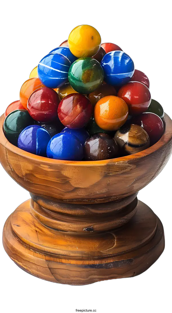 [Transparent Background PNG]Colorful Marbles in Wooden Bowl on White Background