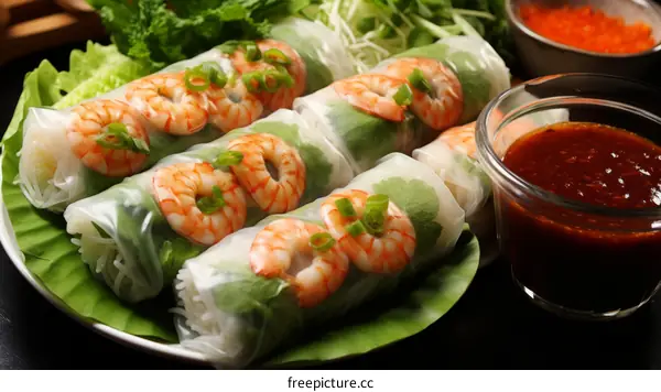 Fresh and healthy Vietnamese spring rolls with vegetables and shrimp