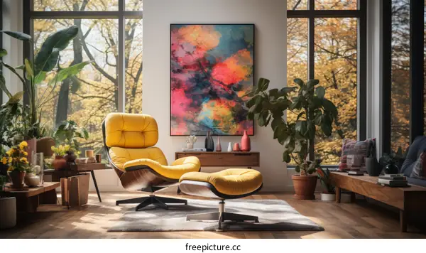 Modern Living Room with Yellow Armchair and Abstract Art