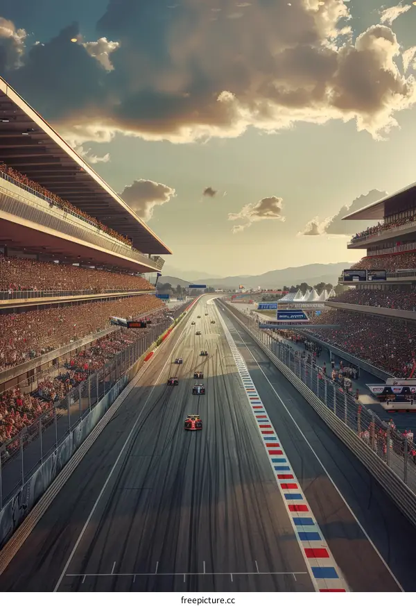 Formula One cars racing down a track with spectators in the stands