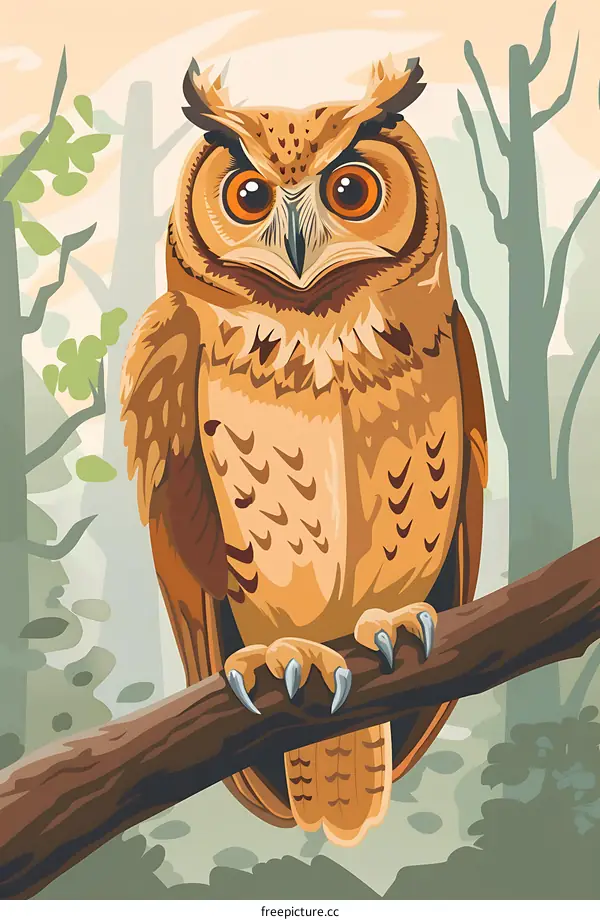 Brown Owl Sitting on Branch in Forest Illustration