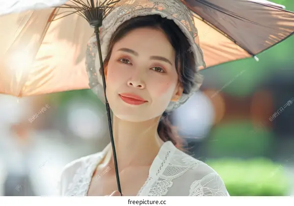 The portrait of a beautiful young lady in a white dress and a vintage hat holding an umbrella