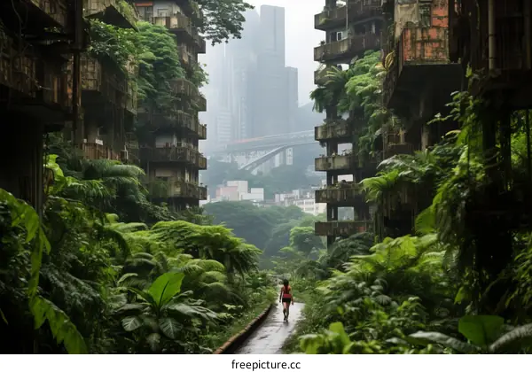 A woman walking through a overgrown city