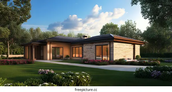 Modern House with Stone Exterior and Green Lawn