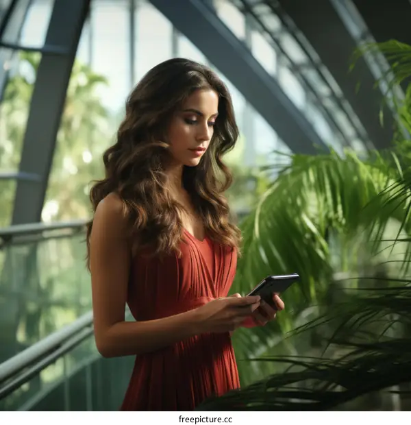 Elegant woman in red dress using smartphone in greenhouse