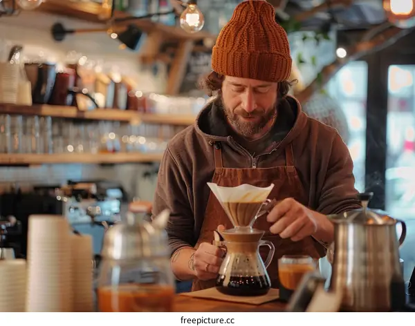Male barista making pour-over coffee in a coffee shop