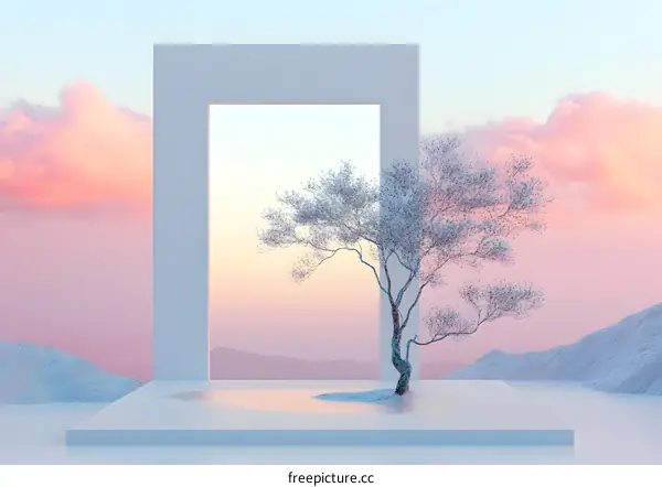 Minimalist 3D Illustration of a White Tree in a White Frame Against a Pink Sky