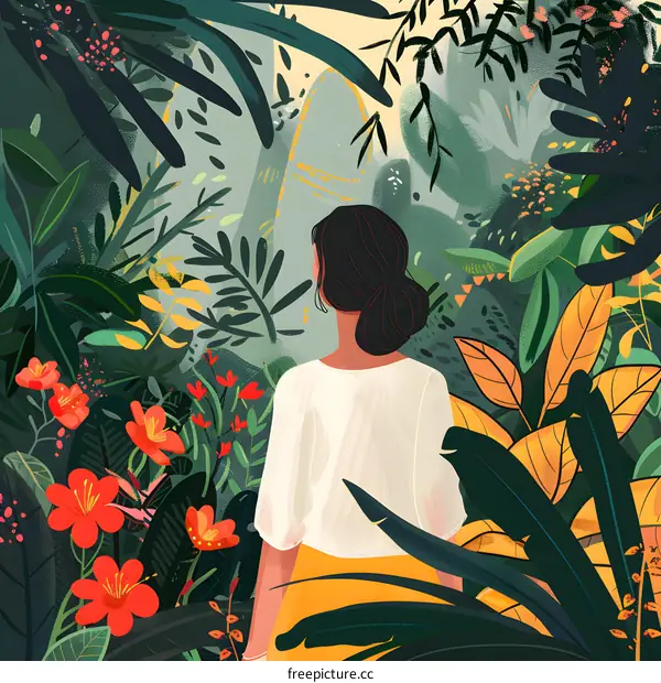 Woman Standing in a Lush Tropical Forest