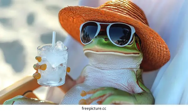 Frog Wearing Sunglasses and Hat Enjoying a Drink on the Beach