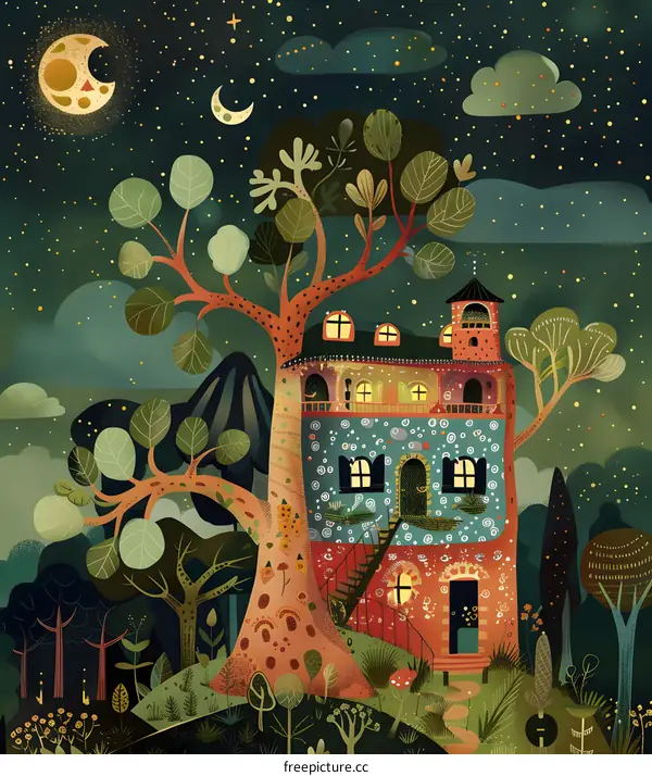 Night Sky Treehouse Illustration