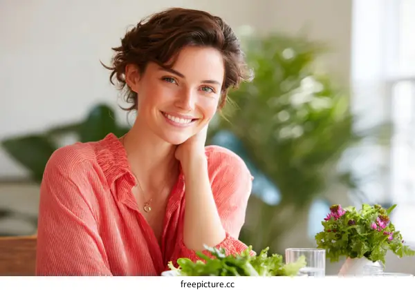 Smiling Caucasian Woman Enjoying a Healthy Meal