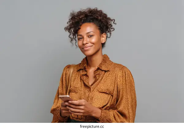 Smiling young woman using smartphone against gray background
