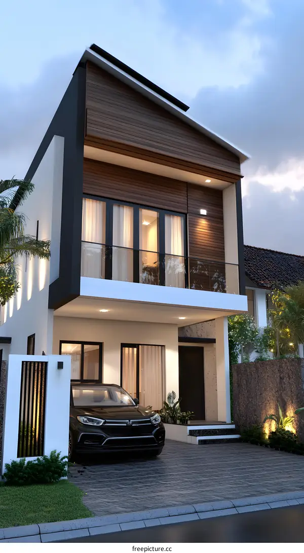 Modern Two Story House with Wooden Siding and Black Car in Driveway