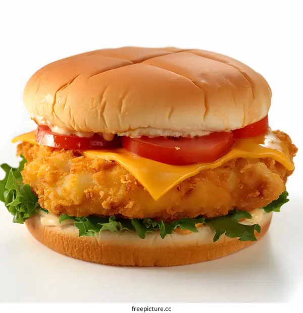 Fried fish sandwich with lettuce, tomato, and cheese on a sesame seed bun