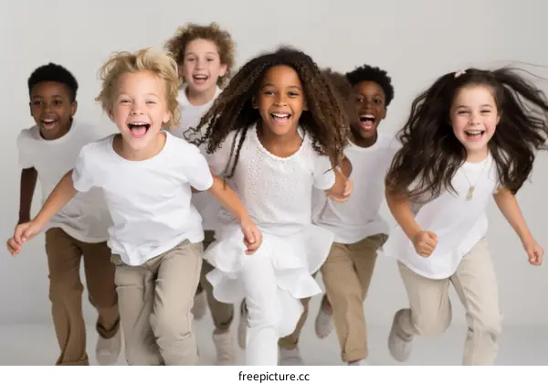 A group of diverse children running and smiling