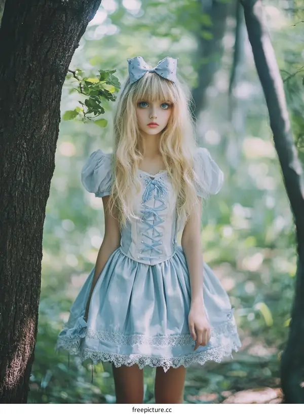 Charming Girl in a Light Blue Wonderland Dress