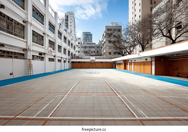 Empty School Basketball Court Surrounded by Buildings