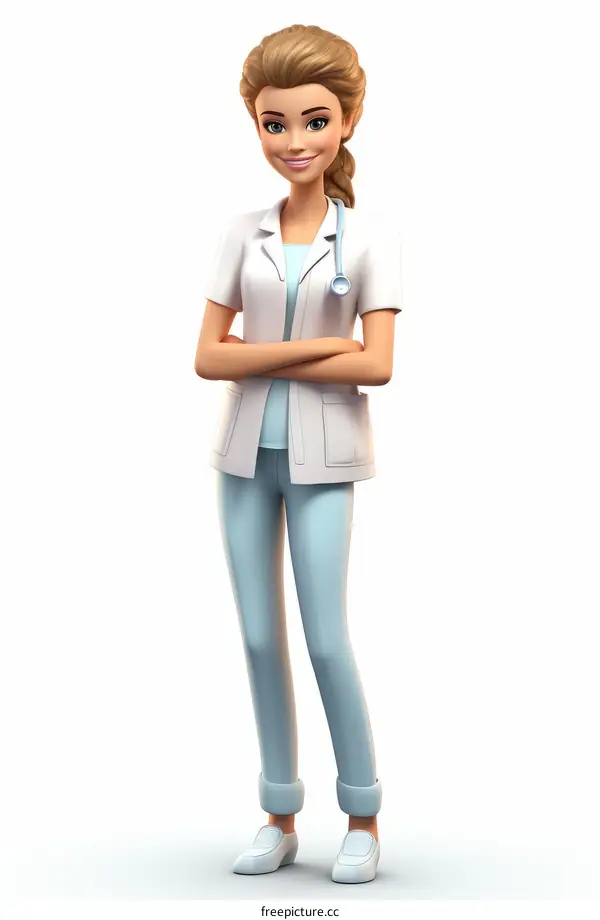 A 3D illustration of a female doctor wearing a white lab coat and stethoscope