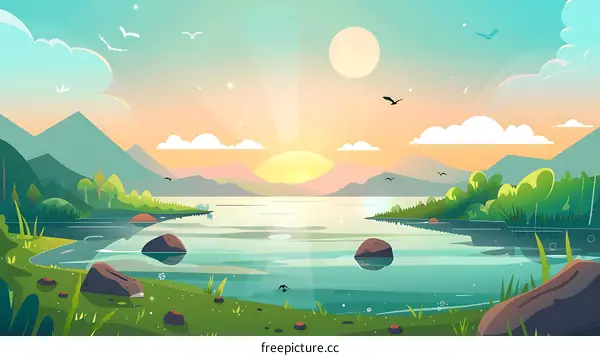 Sunset Over Mountain Lake Landscape Illustration