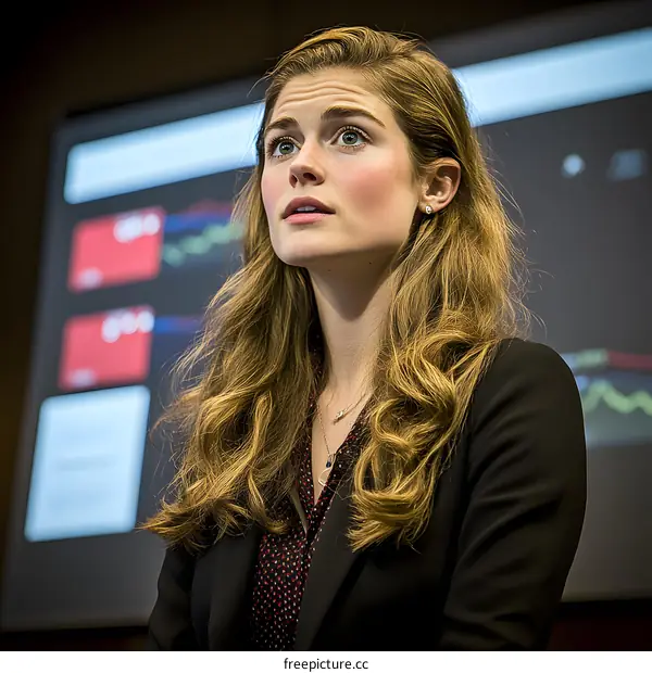 Woman in Black Blazer Looking Up at Presentation