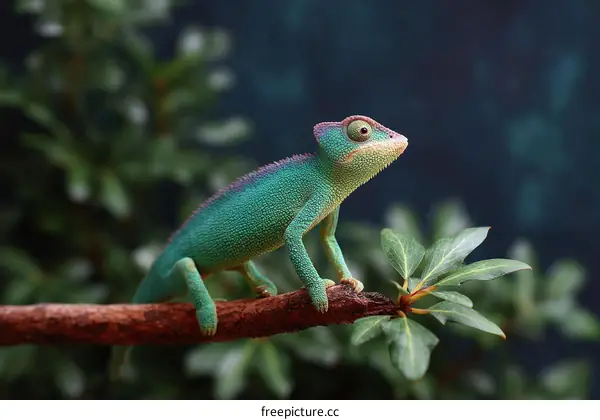 Close-up of a vibrant green chameleon on a branch