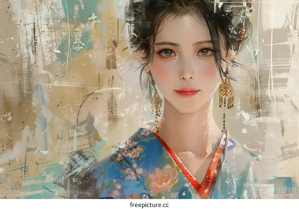 An Asian woman in a blue kimono with red and white flowers and gold earrings.