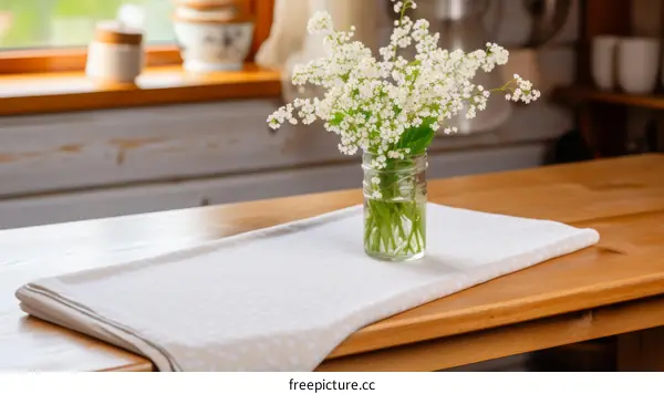 A Minimalist Bouquet of White Flowers on a Wooden Rustic Table
