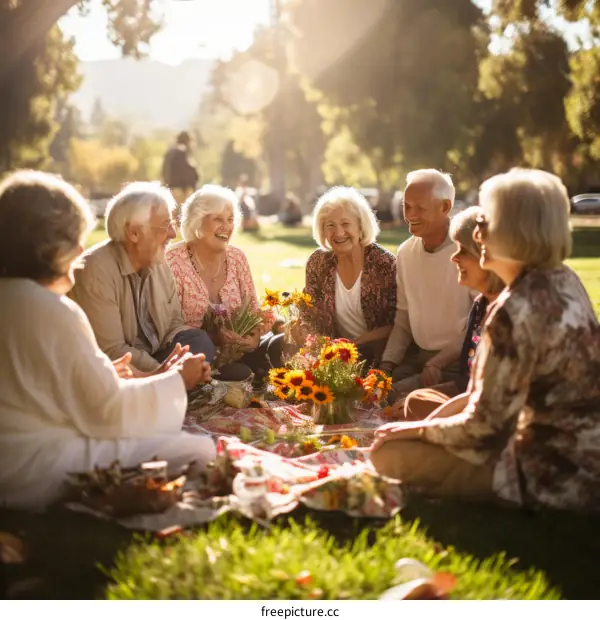A group of seniors are enjoying a picnic in the park